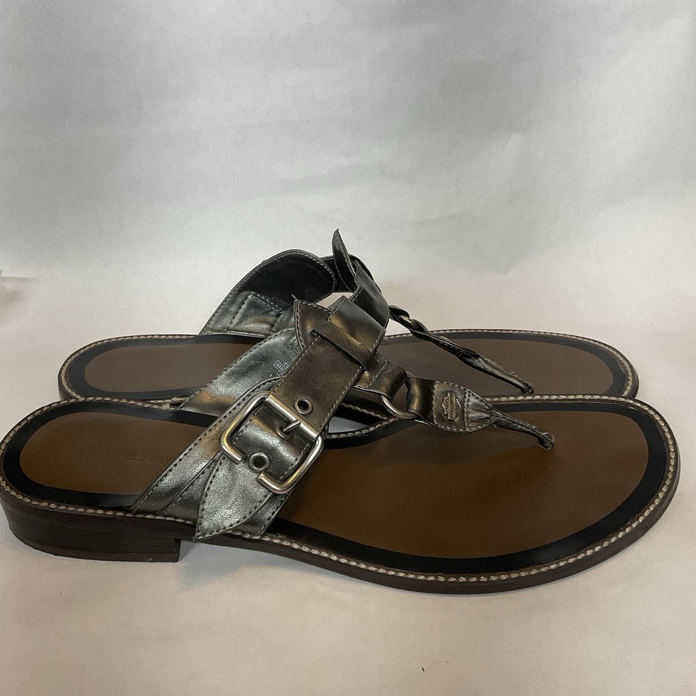 Harley-Davidson Women's Size 10 M Silver Flat Thong Sandals Buckle Logo Strap